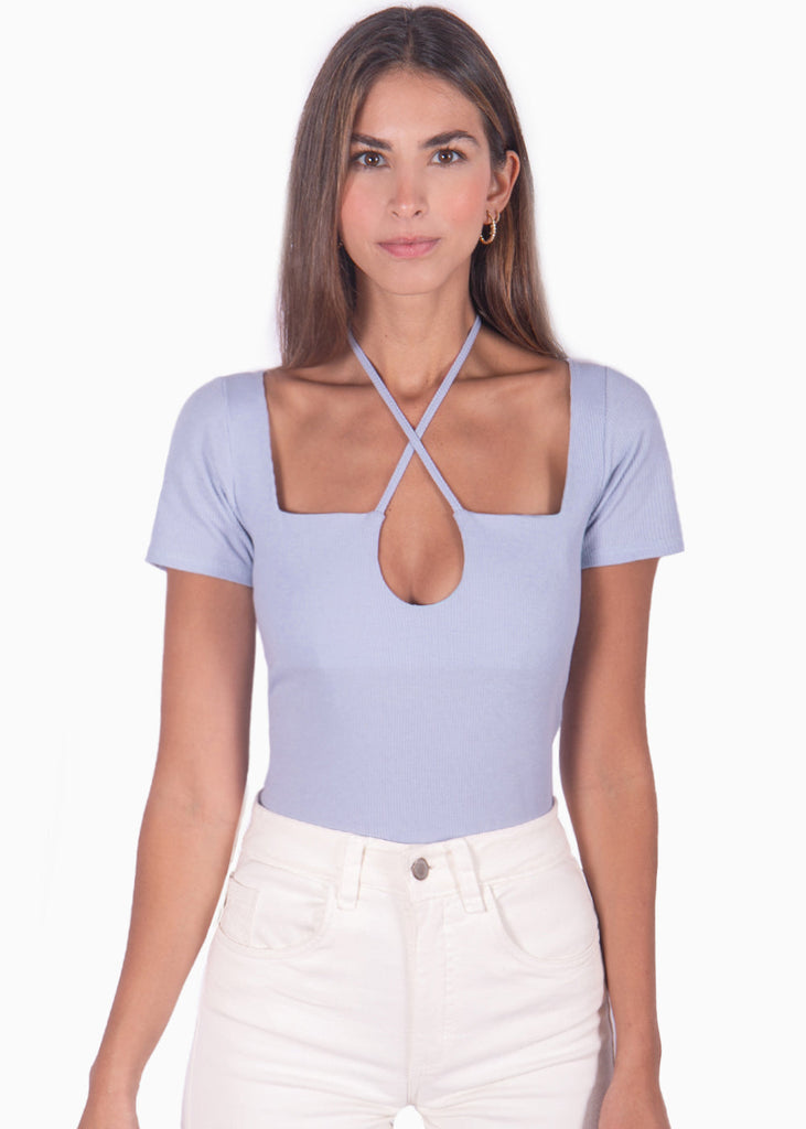 Blusa manga corta con tiras en escote color lila, morado para mujer - Flashy