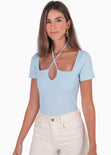 Blusa manga corta con tiras en escote color azul para mujer - Flashy