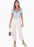 Blusa manga corta con tiras en escote color azul para mujer - Flashy