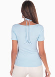 Blusa manga corta con tiras en escote color azul para mujer - Flashy