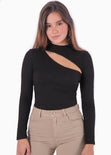 Blusa manga larga con abertura cut out en escote color negro para mujer - Flashy