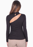 Blusa manga larga con abertura cut out en escote color negro para mujer - Flashy