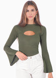 Blusa manga larga con abertura cut out en escote color verde para mujer - Flashy