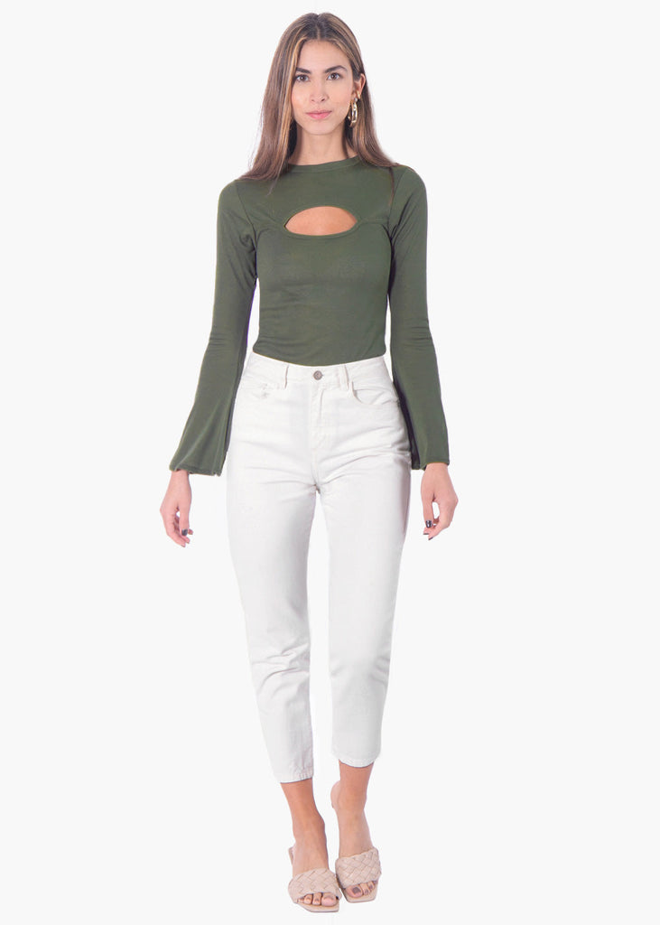 Blusa manga larga con abertura cut out en escote color verde para mujer - Flashy