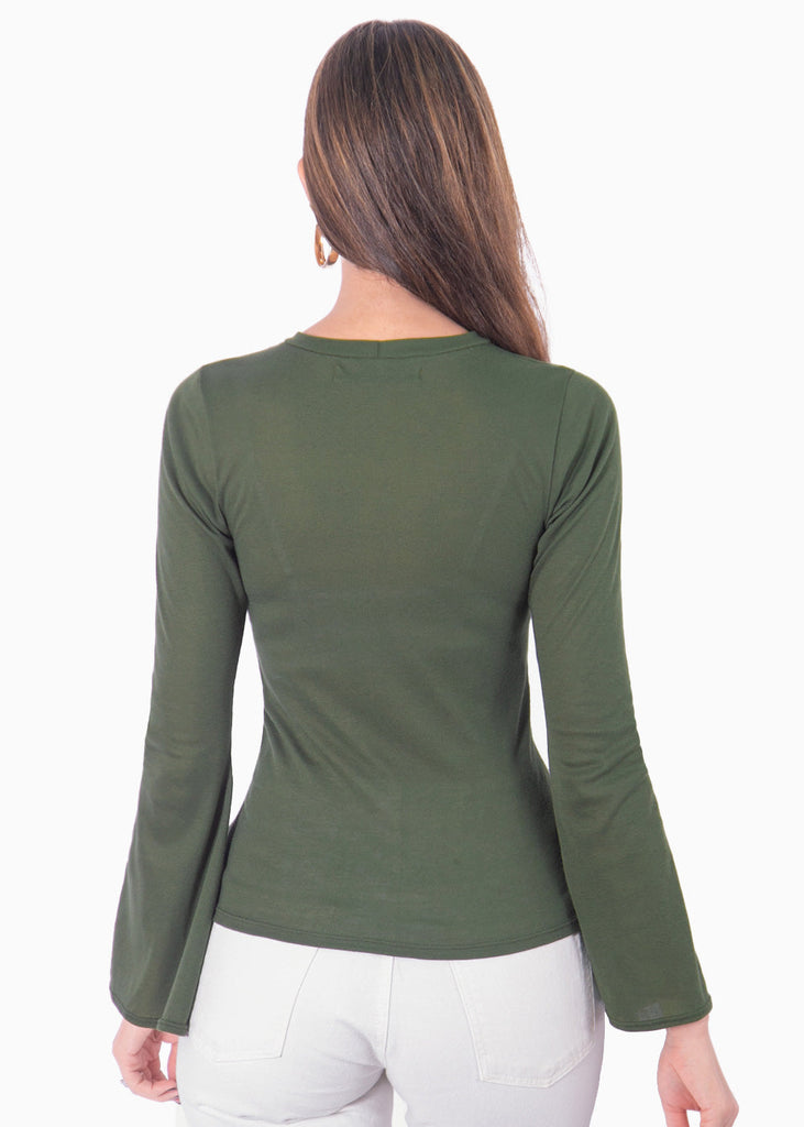 Blusa manga larga con abertura cut out en escote color verde para mujer - Flashy