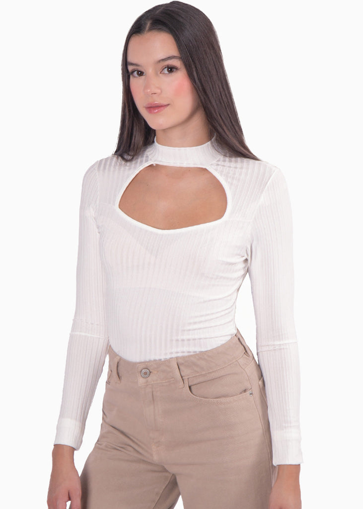 Blusa manga larga con abertura cut out en escote color blanco, marfil para mujer - Flashy