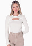 Blusa manga larga con abertura cut out en escote color marfil para mujer - Flashy