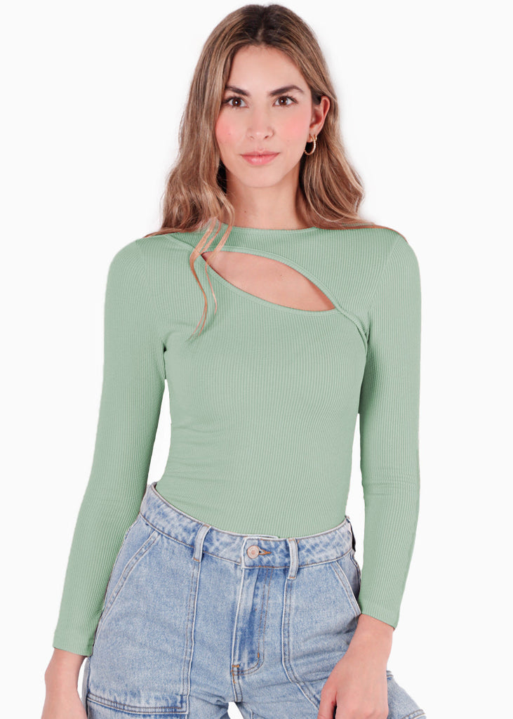 Blusa manga larga con abertura en escote color verde para mujer - Flashy
