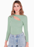 Blusa manga larga con abertura en escote color verde para mujer - Flashy