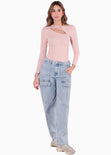 Blusa manga larga con abertura en escote color rosado para mujer - Flashy