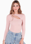 Blusa manga larga con abertura en escote color rosado para mujer - Flashy