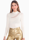 Blusa manga larga con abertura y malla en escote color blanco, marfil para mujer - Flashy