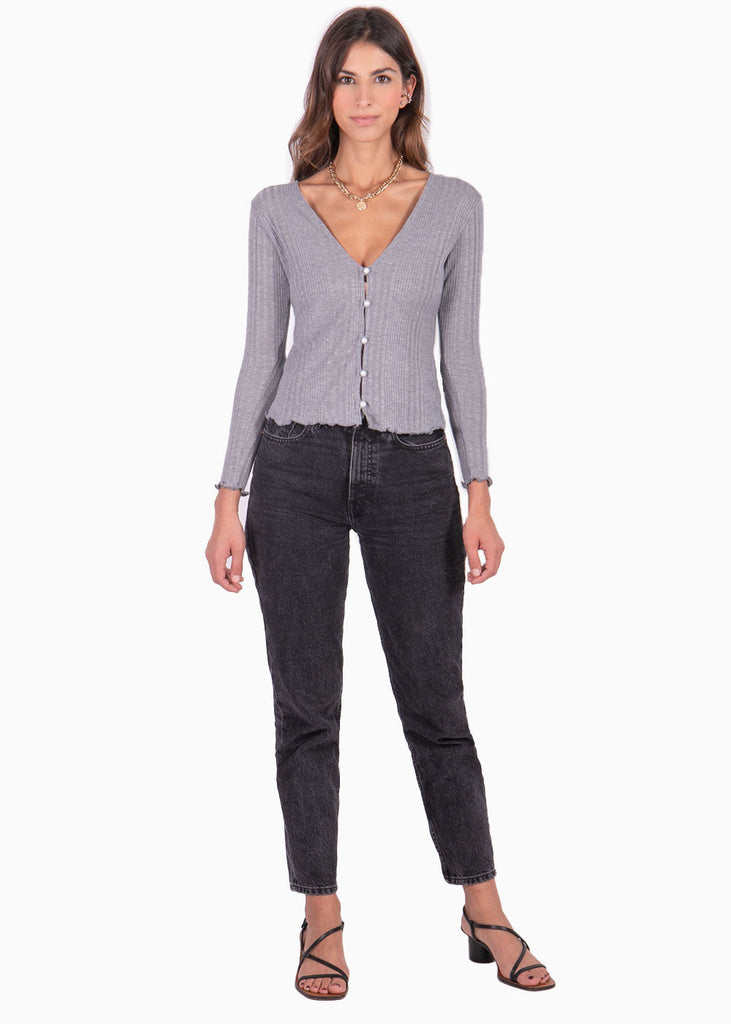 Blusa manga larga con botones de perlas color gris para mujer - Flashy