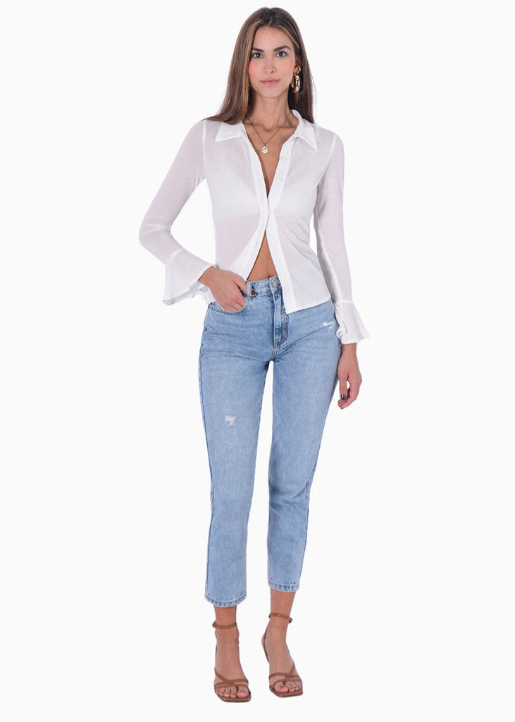 Blusa manga larga con botones y boleros en mangas color blanco, marfil para mujer - Flashy