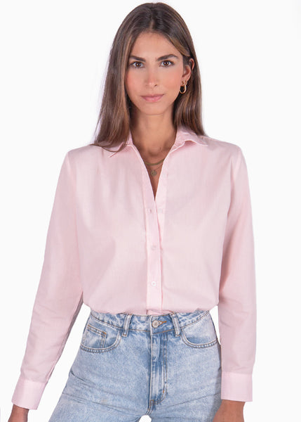 Camisa manga larga con botones y cuello color rosado para mujer - Flashy