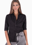 Camisa manga larga con botones y cuello color negro para mujer - Flashy