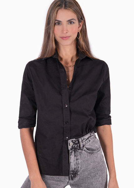 Camisa manga larga con botones y cuello color negro para mujer - Flashy