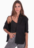 Camisa manga larga con botones y cuello color negro para mujer - Flashy