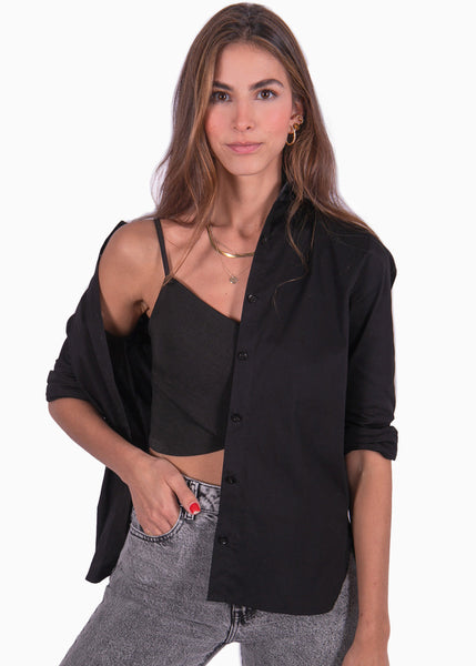 Camisa manga larga con botones y cuello color negro para mujer - Flashy
