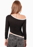 Blusa manga larga con cortes en contraste y abertura en costado color negro para mujer - Flashy
