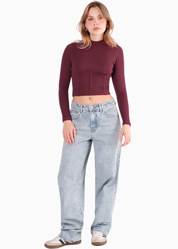 Blusa manga larga con cortes en delantero color vino para mujer - Flashy