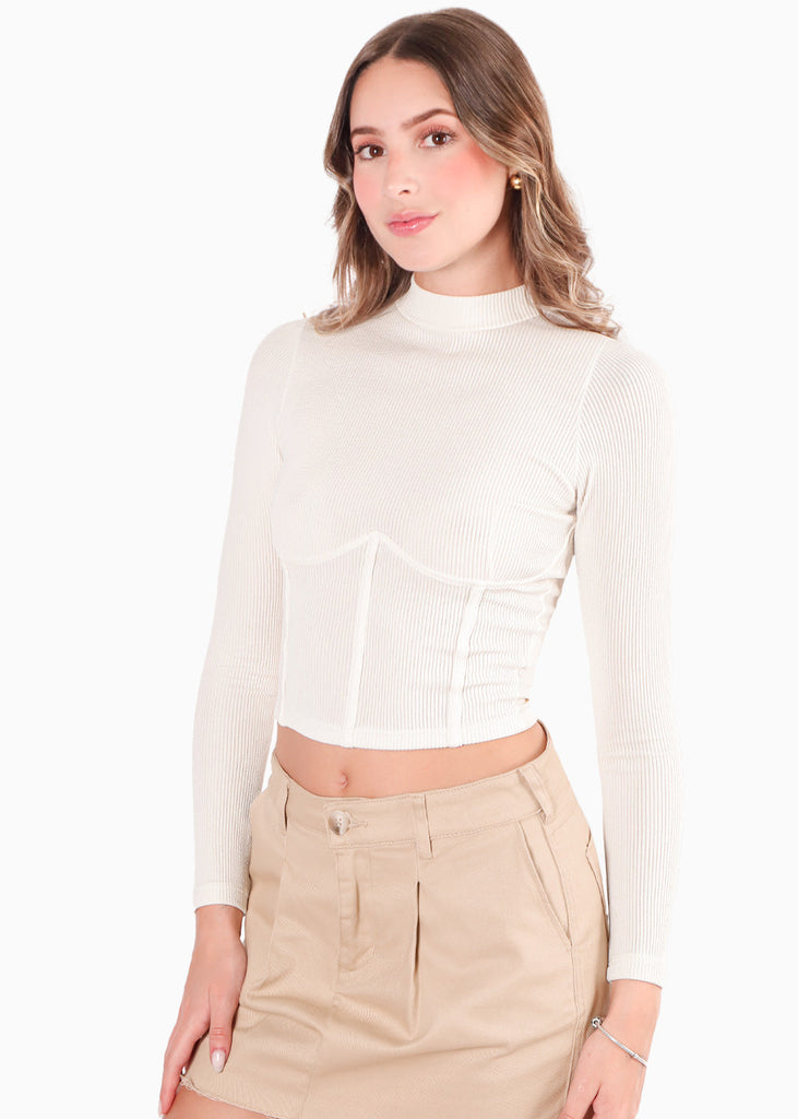 Blusa manga larga con cortes en delantero color blanco, marfil para mujer - Flashy