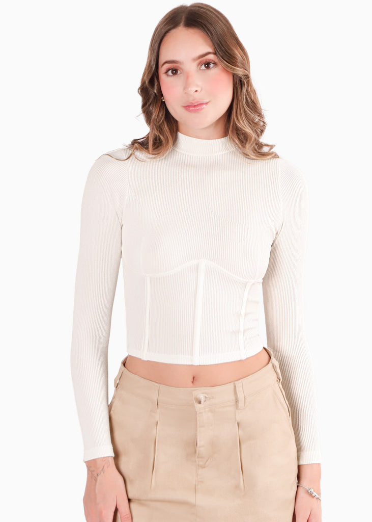 Blusa manga larga con cortes en delantero color blanco, marfil para mujer - Flashy