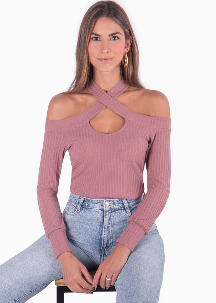 Blusa manga larga con cruce en escote color rosado, morado para mujer - Flashy
