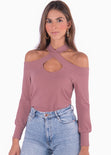 Blusa manga larga con cruce en escote color rosado, morado para mujer - Flashy