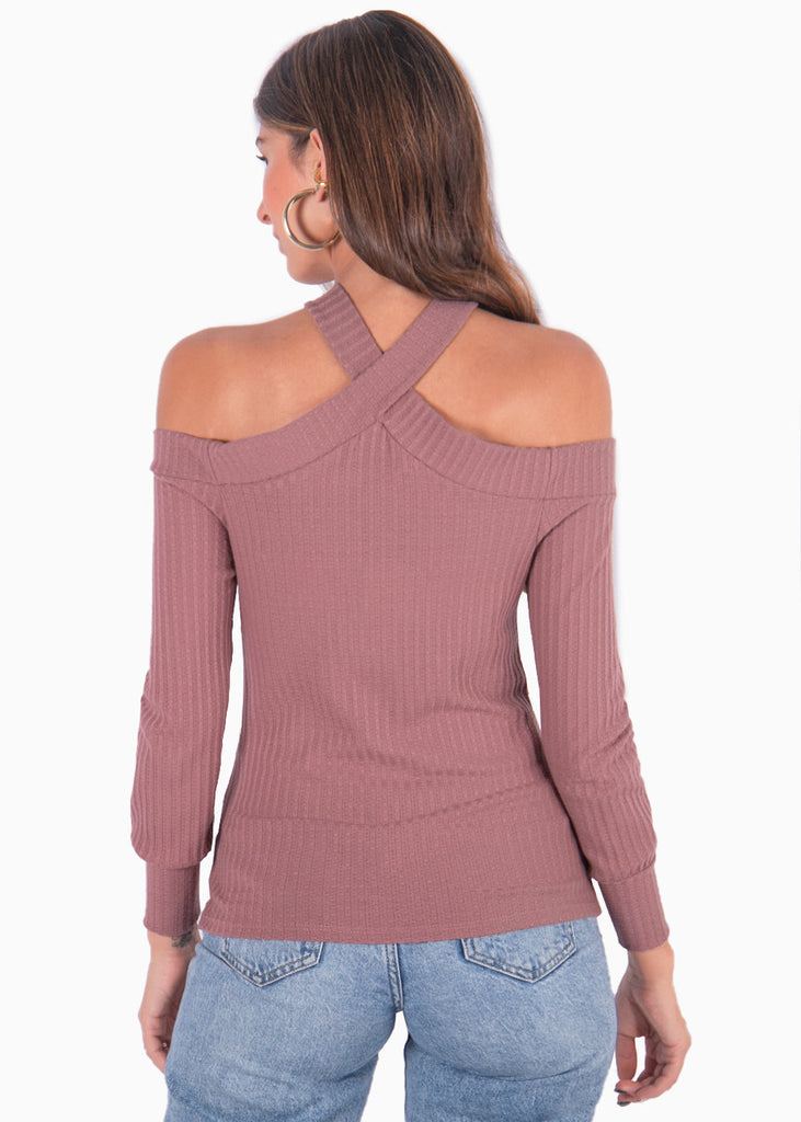 Blusa manga larga con cruce en escote color rosado, morado para mujer - Flashy