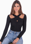 Blusa manga larga con cruce en escote color negro para mujer - Flashy