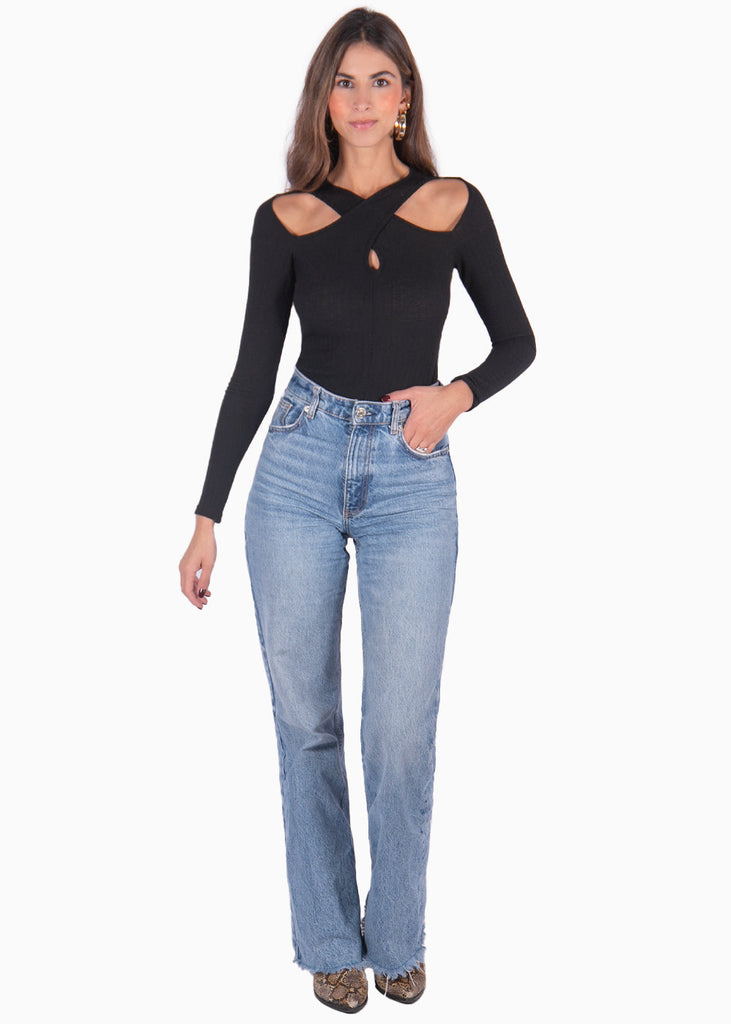 Blusa manga larga con cruce en escote color negro para mujer - Flashy