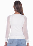 Blusa manga larga con cruce en escote y mangas transparentes color blanco, marfil para mujer - Flashy