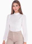 Blusa manga larga con cuello alto y recogido en mangas color marfil, blanco para mujer - Flashy