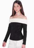 Blusa manga larga con cuello bandeja en contraste y entorchado en espalda color negro para mujer - Flashy