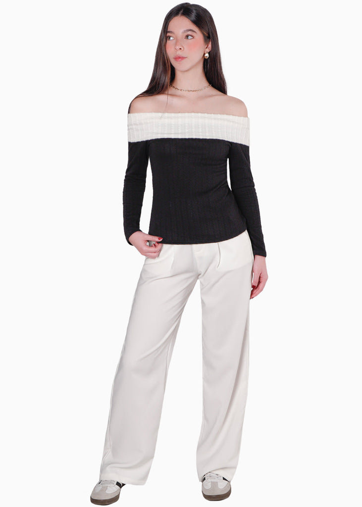 Blusa manga larga con cuello bandeja en contraste y entorchado en espalda color negro para mujer - Flashy