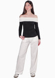 Blusa manga larga con cuello bandeja en contraste y entorchado en espalda color negro para mujer - Flashy