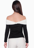 Blusa manga larga con cuello bandeja en contraste y entorchado en espalda color negro para mujer - Flashy