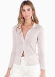 Blusa manga larga con efecto brillo de botones y cuello color rosado para mujer - Flashy