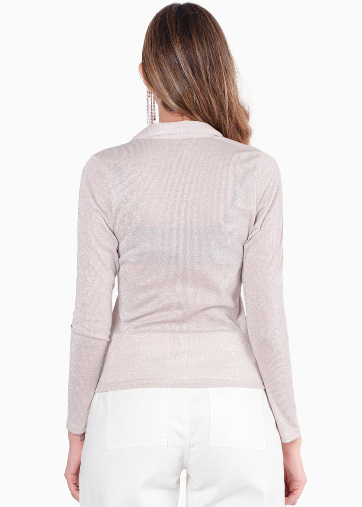 Blusa manga larga con efecto brillo de botones y cuello color rosado para mujer - Flashy
