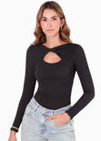 Blusa manga larga con entorchado en frente color negro para mujer - Flashy