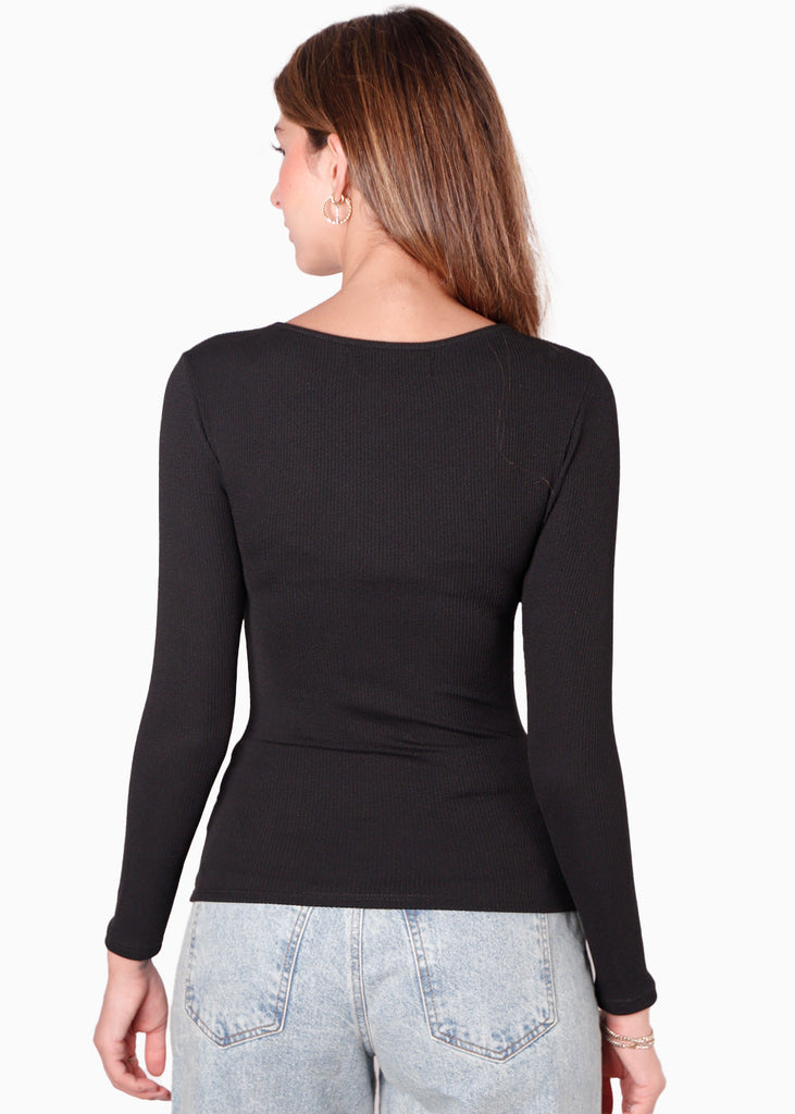 Blusa manga larga con entorchado en frente color negro para mujer - Flashy