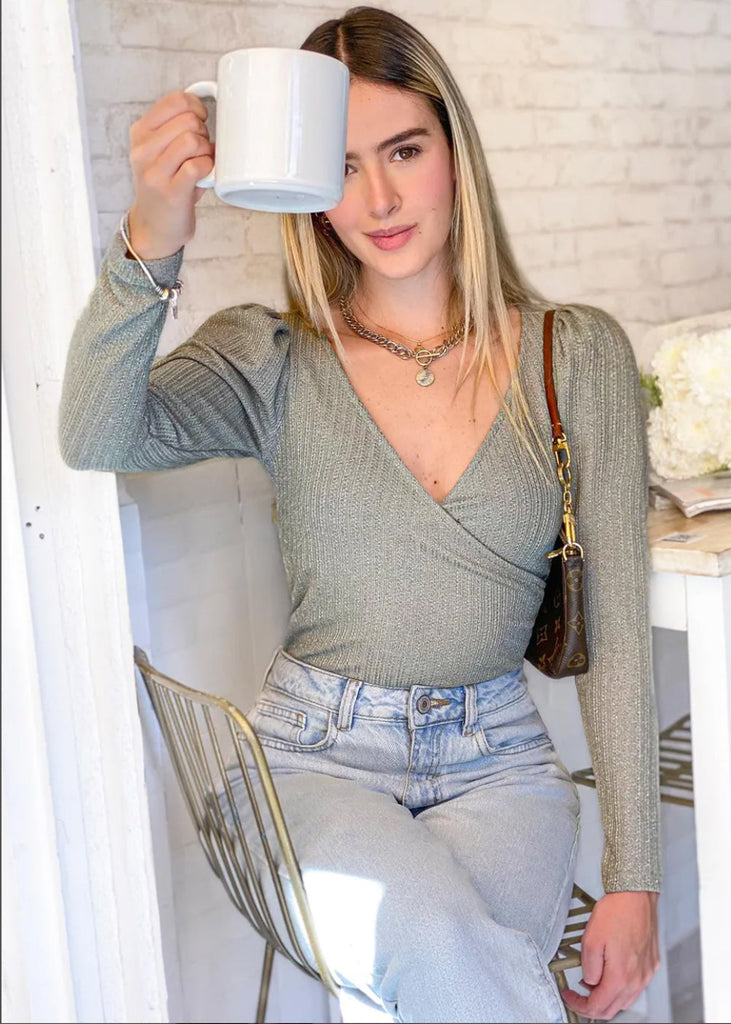 Blusa manga larga con escote cruzado color verde para mujer - Flashy