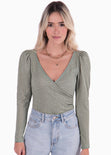 Blusa manga larga con escote cruzado color verde para mujer - Flashy