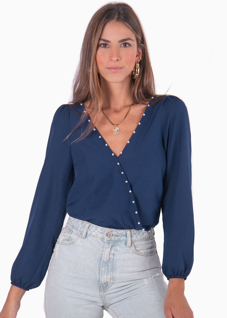 Blusa manga larga con escote cruzado y perlas color azul para mujer - Flashy