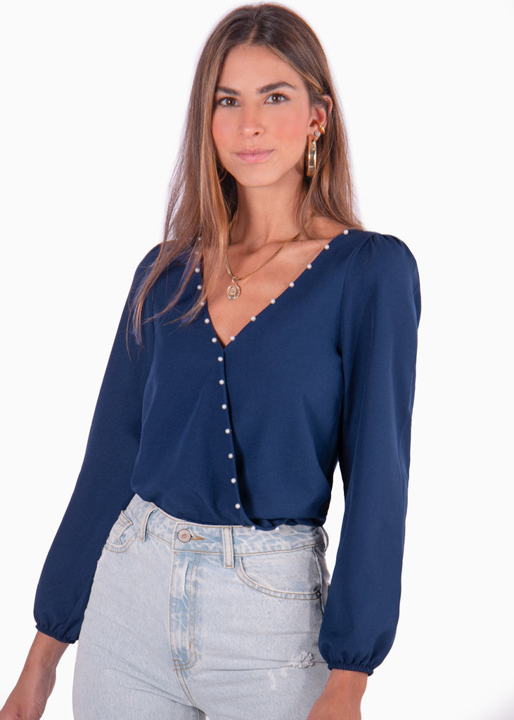 Blusa manga larga con escote cruzado y perlas color azul para mujer - Flashy