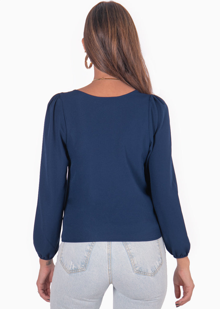 Blusa manga larga con escote cruzado y perlas color azul para mujer - Flashy