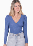 Blusa manga larga con escote cruzado color azul para mujer - Flashy