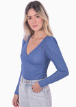 Blusa manga larga con escote cruzado color azul para mujer - Flashy