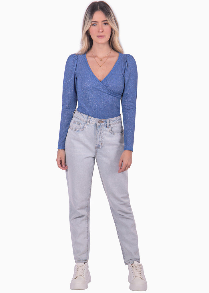 Blusa manga larga con escote cruzado color azul para mujer - Flashy